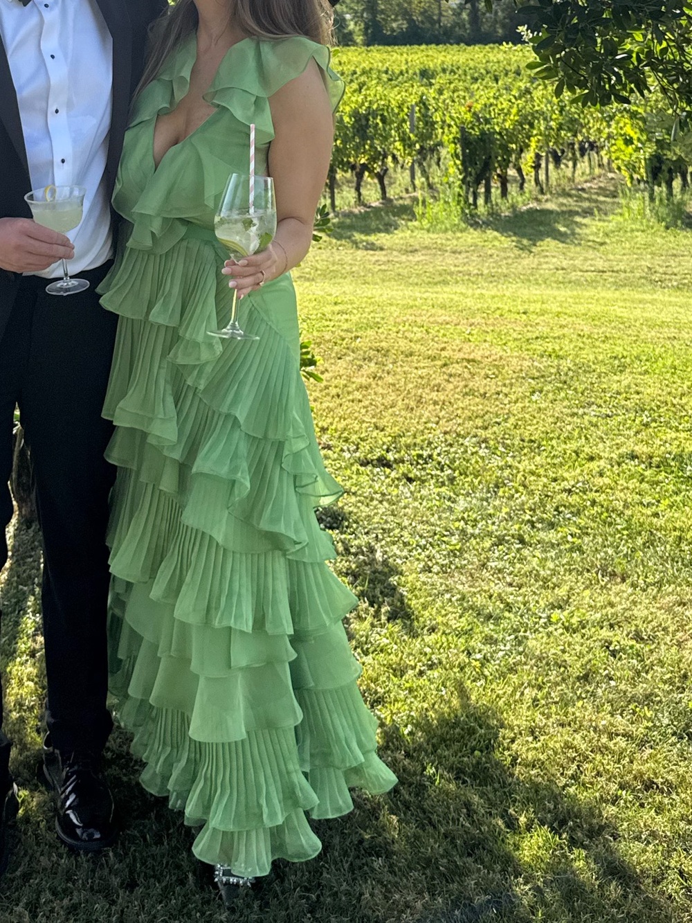 Green Ruffled Maxi Dress - Elegant Tiered Evening Gown